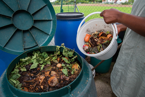 A woman empties a bucket of organic waste into a compost bin