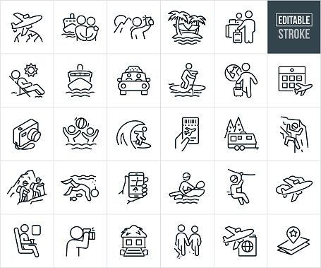 A set of travel and vacation icons that include editable strokes or outlines using the EPS vector file. The icons include a commercial airplane flying over the continents, couple on vacation with cruise ship in background, traveler taking a hike and a selfie with mountains in background, hammock stretched between two palm trees, hotel guest at hotel check-in counter, person sunbathing on the beach, cruise ship, person riding in a taxi cab while on vacation, person paddle boarding while on vacation, tourist pulling luggage in airport, vacation travel date on calendar, digital camera, kids playing in ocean while on vacation, person surfing, hand holding an airplane ticket, camp trailer in mountains, person rock climbing while on vacation, two people hiking while on vacation, tourist scuba diving, hand holding smartphone with GPS directions during travel, person kayaking, tourist riding zip-line while on vacation, commercial air liner, tourist in airplane seat on flight, tourist taking photos with camera, tropical beach hut, couple holding hands and taking a walk on the beach while on vacation, passport and a map.