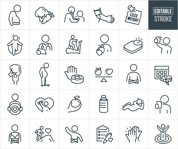 Dieting And Weight Loss Thin Line Icons - Editable Stroke A set of dieting and weight loss icons that include editable strokes or outlines using the EPS vector file. The icons include an overweight person with tape measure around waist, healthy foods broccoli and carrots, doctor checking the heart of an obese person, arm with blood pressure cuff, lose weight note, overweight person jump-roping, doctor checking patients notes, person exercising on cross trainer, person holding out an apple as a healthy food option, weight scale, person taking a selfie of themselves after weight loss, fork with broccoli, obese man standing on a scale, hand refusing a doughnut, scale with apple on one end and heart shape on the other, weight loss goal on calendar, person holding weight loss target, person exercising with dumbbell, hand holding an apple, bottle of water, overweight person doing a sit-up, person taking a picture of their weight loss to post on social media, person climbing mountain to health goal at summit, person with arm raised in celebration from weight loss, health checklist, high-five and a person in the bulls-eye of a target with arms raised celebrating weight loss goal. dedication stock illustrations