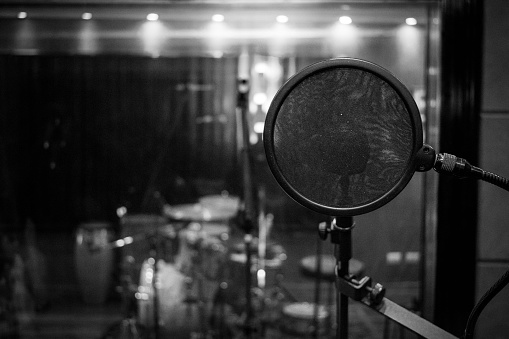 Condenser microphone in recording studio. Recording studio. Condenser microphone. Copy space