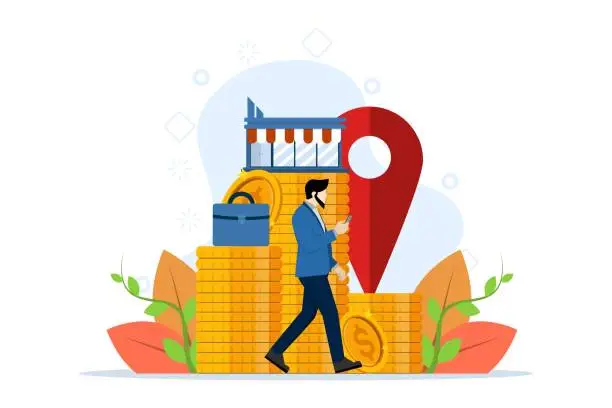 Vector illustration of Business industry concept, franchising, bizopp, distribution. Businessman standing with mobile phone and buying franchise remotely. Buying a finished business. Flat vector illustration on background.