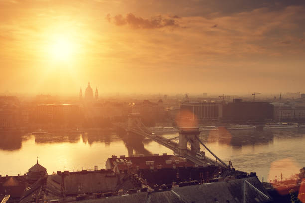 Chainbridge and Danube in Budapest at sunrise, St. Stephen's Basilica is visible in the background