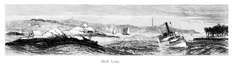 Boats in Hell Gate in the New York Bay, New York State, USA. Pencil and pen, engraving published 1874. This edition edited by William Cullen Bryant is in my private collection. Copyright is in public domain.