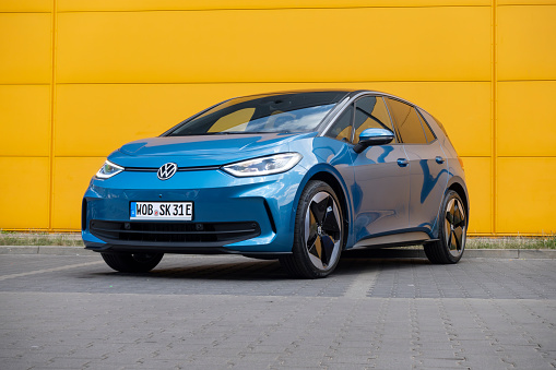 Berlin, Germany - 7th July, 2023: Electric car Volkswagen ID.3 after the facelift parked on a public parking. This model is one of the most popular electric cars in Europe.