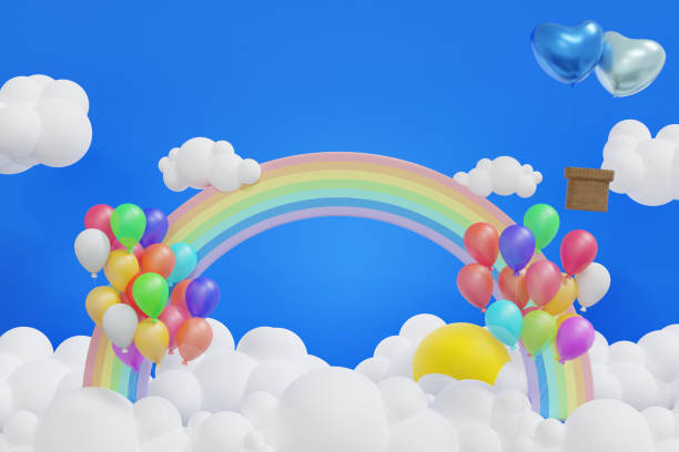 istock Rainbow with cloud sun and balloon in the blue sky, background for summer camp holiday vacation, 3D rendering. 1570431632