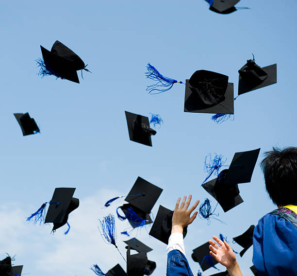 istock Several graduation caps being flung into blue sky 157045215