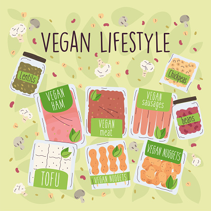 Differetn vegan products on a colored background Vegan lifestyle Vector illustration