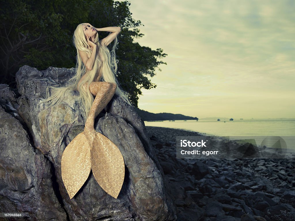 Beautiful mermaid sitting on rock Beautiful fashionable mermaid sitting on a rock by the sea Beach Stock Photo