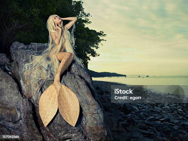 Beautiful Mermaid Sitting On Rock Stock Photo - Download Image Now - Beach, Naked, One Woman Only