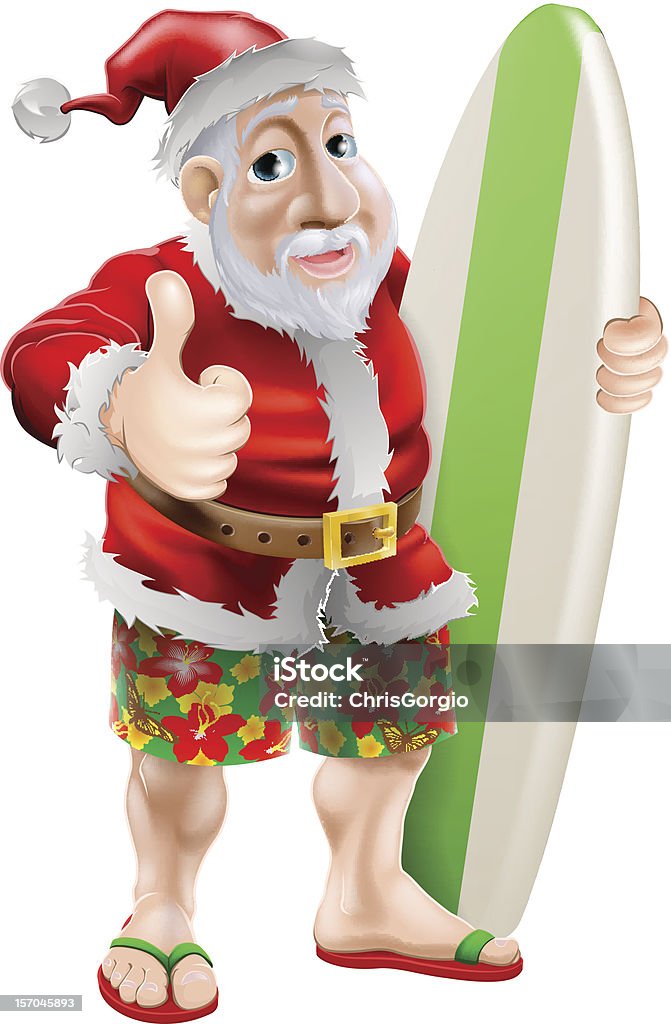 Thumbs up surfing Santa Claus An illustration of Santa in flip-flop sandals and beach board shorts holding a surf board and doing a thumbs up. Vector file is eps 10 and uses transparency blends and gradient mesh. Vector file is eps 10 and uses transparency blends and gradient mesh Adult stock vector