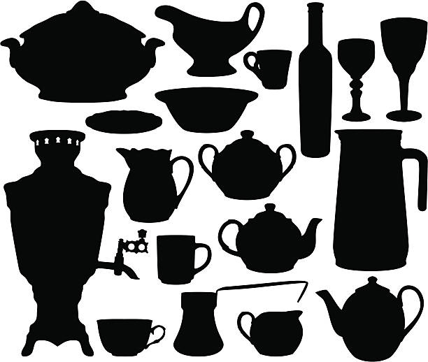 Dishes silhouettes set Black dishes silhouettes set isolated on white tureen stock illustrations