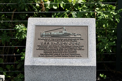 Cape Elizabeth, ME, USA, 9.1.22 - A memorial dedicated to the 49 officers and crewmen lost in the torpedoed and sunk ship U.S.S. Eagle-56 in 1945. The historical marker is in a public park.