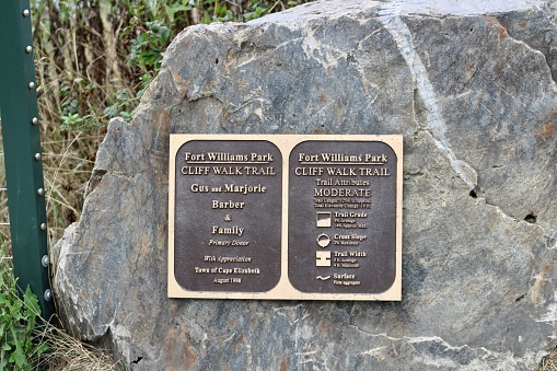 Cape Elizabeth, ME, USA, 9.1.22 - A sign at the public Fort Williams Park that describes the Cliff Walk nature trail.