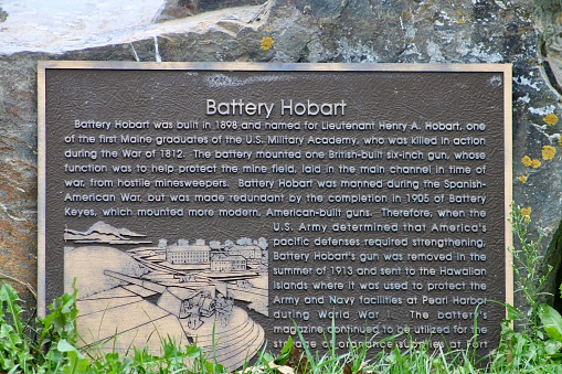 Cape Elizabeth, ME, USA, 9.1.22 - The historical marker at the public park describing the history of Battery Hobart.