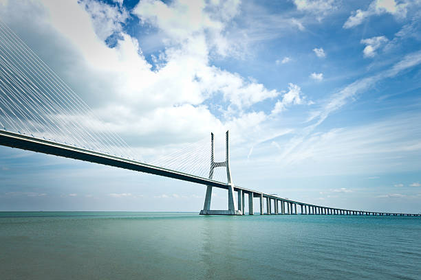 Picture of Vasco da gama bridge,the longest bridge in Europe and one of the landmarks of Lisbon, Portugal! wide angle view