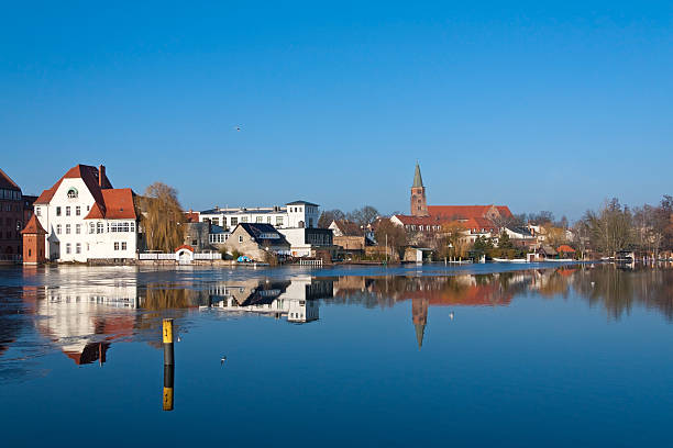 View to the Town Brandenburg an der Havel, with the Dominsel (Cathedral Island). It is the historic heart of the town. Here stands its oldest edifice: the Dom St. Peter und Paul (Cathedral of Saint Peter and Saint Paul). Although construction began in the Romanesque style in 1165, it was completed as a Gothic cathedral during the 14th century.