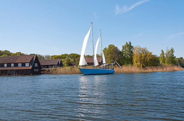 istock Boathouses and a sailing ship on the Mueritz Lake 157049132