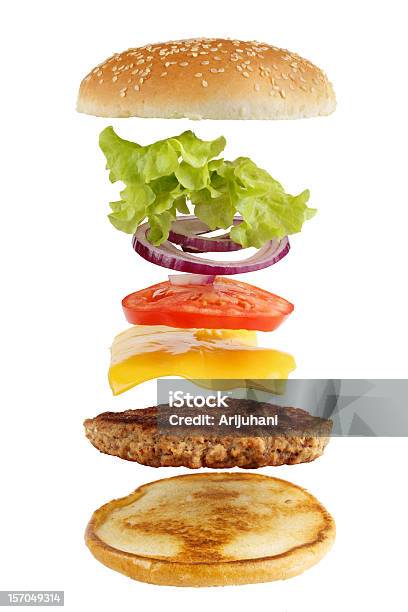 Hamburger Ingredients Separated In The Air Stock Photo - Download Image Now - Food, Beef, Bread