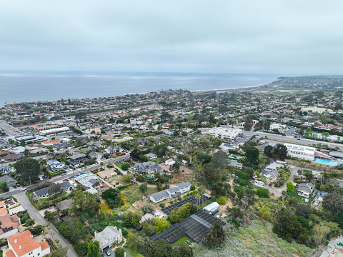 Aerial view of Del Mar coastline and beach, San Diego County, California, USA. Pacific ocean
