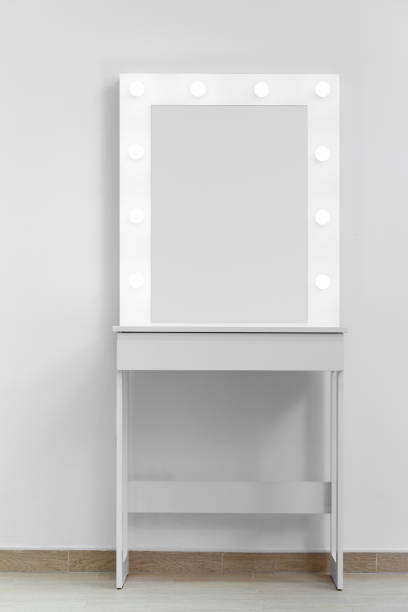 istock Modern white makeup dressing table with mirror and backlight on a white wall close-up. 1570532340