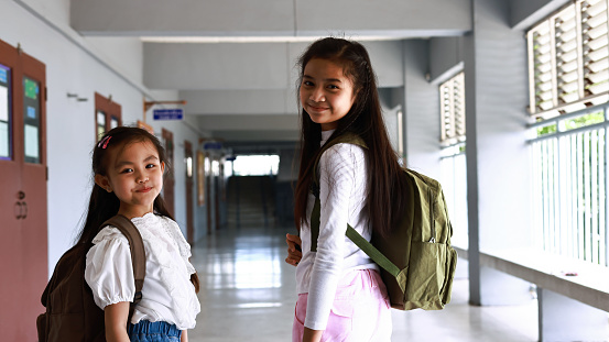 Portrait of smiling little school kids in the school corridor, Young little school girl  standing together in a school corridor
