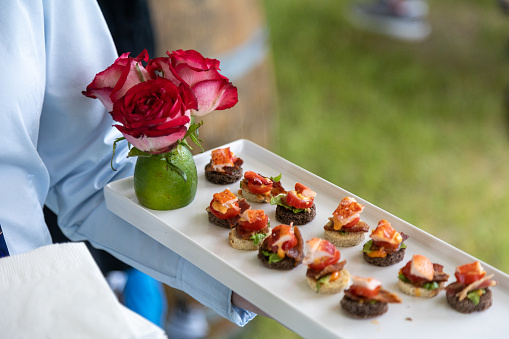 Hors d'Oeuvres being passed on a serving tray.