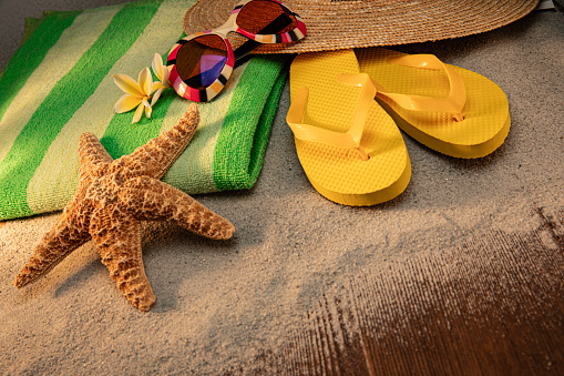 This is a photograph of yellow sandals, sunglasses, a hat and a palm branch on a sandy wood dock