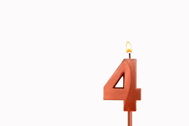 Burning candle number 4 for birthday on white background