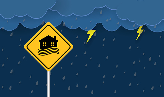 Flood area sign, natural disaster with house, heavy rain and storm , damage with home, clouds and rain, flooding water in city, Flooded house.