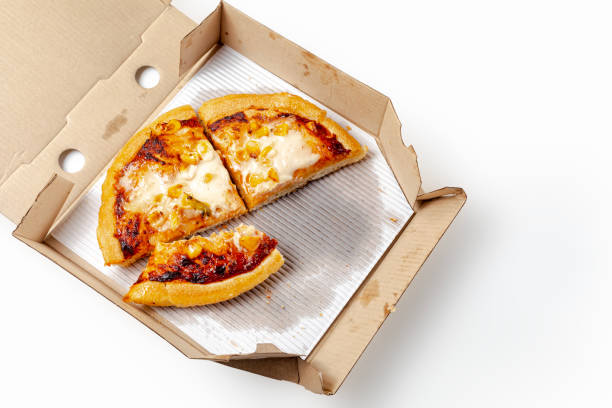 istock Leftovers of corn pizza in a cardboard pizza box. A pizza box with two slices left in the cardboard box 1570633287