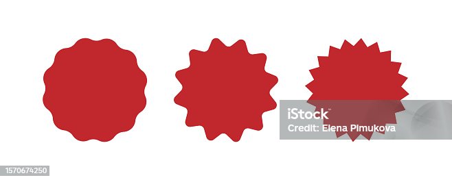 istock Wavy edge circle sticker. Star burst shape tags for price. Blank sale round sticker. Empty promo badge. Simple circle red wax seal. Vector illustrations set isolated on white background 1570674250