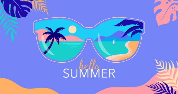Summer fun concept design. Creative background of landscape, panorama of sea and summer beach on sunglasses. Summer sale, post template with jungle leaves frame Summer fun concept design. Creative background of landscape, panorama of sea and summer beach on sunglasses. Summer sale, post template with jungle leaves frame. Vector illustration holiday vacations party mirrored pattern stock illustrations