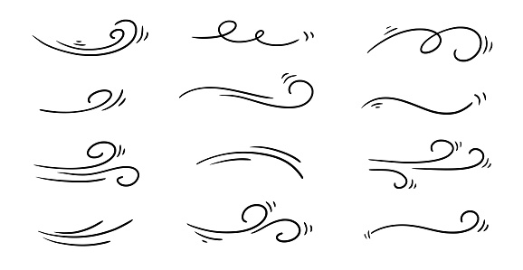 Doodle wind line sketch set. Hand drawn doodle wind motion, air blow, swirl elements. Sketch drawn air blow motion, smoke flow art, abstract line. Isolated vector illustration.