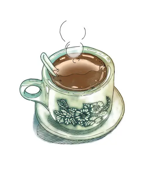 Vector illustration of Local coffee. Traditional coffee cup with hot coffee. Created by watercolor style. Nostalgic cup with beautiful flower printed on the cup.