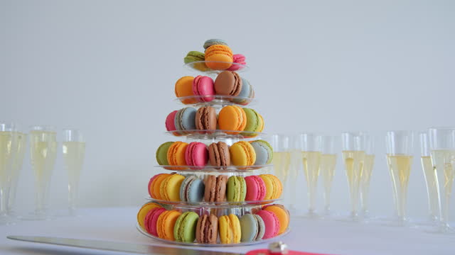Famous Dessert Macaron Tower of Various Colors . Move camera