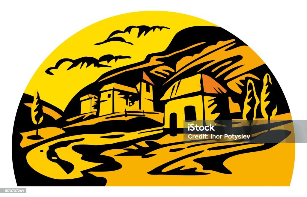 Vector Rural Hills Rural Landscape With Villa Trees Fields And Hills Flat Vector Stock ...