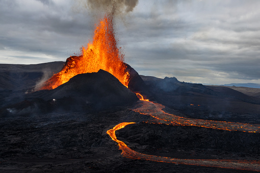 Fagradalsfjall  explosive volcano eruption and lava flow within dramatic landscape Reykjanes Peninsula in Iceland