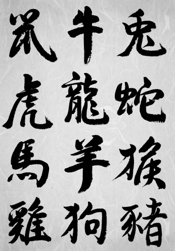 Twelve animal zodiac,in Chinese calligraphy,on rough paper,Rat, ox, tiger, rabbit, dragon, snake, horse, sheep, chicken, dog, monkey, pig