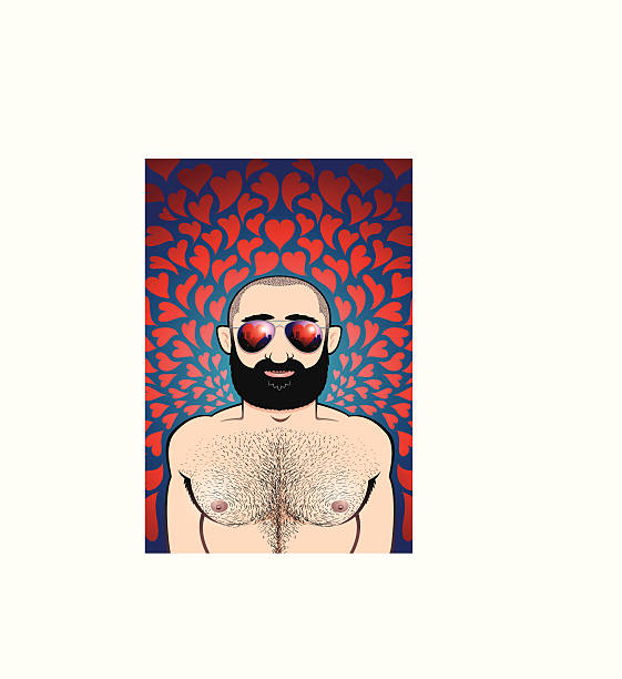 Gruff Valentine Muscle bear of a man, black beard, shaved head, hairy chest. Groovy aviator sunglasses with a heart and city reflection in them. Psychedelic heart background. A big butch Valentine...! body hair stock illustrations