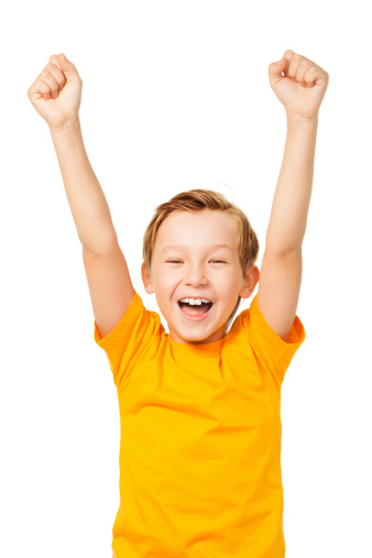 Funny boy shouting with his hands up isolated on white