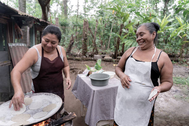 две взрослые латиноамериканки веселятся, готовя кукурузные лепешки - guatemalan culture central america mother traditional culture стоковые фото и изображения