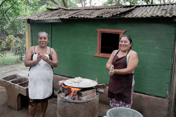 две взрослые латиноамериканки улыбаются, формируя кукурузные лепешки вручную - guatemalan culture central america mother traditional culture стоковые фото и изображения