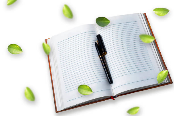 Notebook and pen with green leaves on white background