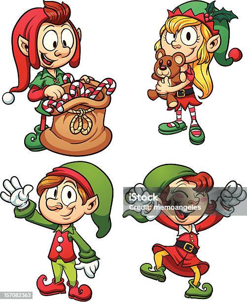 Set Of Four Joyful Cartoon Christmas Elves Stock Illustration - Download Image Now - Elf, Christmas, Bag