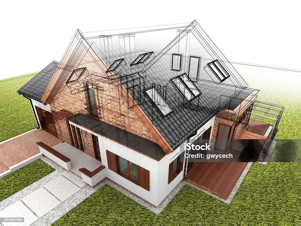 Classic house design progress Classic house design progress, architectural drawing and visualization Concrete Stock Photo