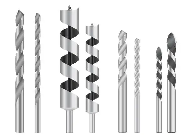 Vector illustration of set of realistic metallic drill bits or metal work steel tools. eps vector
