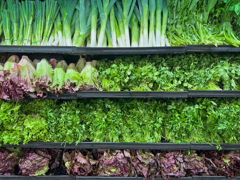 Full frame photo of fresh green groceries in supermarket shelves