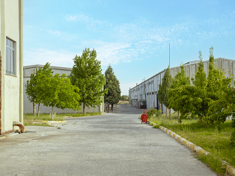 Exterior photo of a factory with concrete road and trees