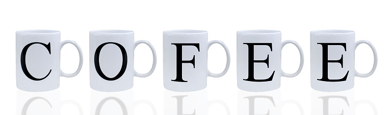 Coffee cups side by side forming the word “coffee” on white background