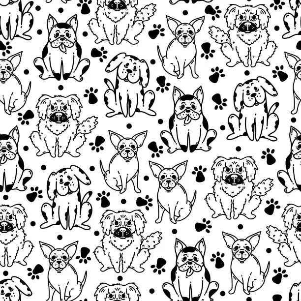 Vector illustration of Cute dogs seamless vector pattern. Puppy French Bulldog, Chihuahua, Pekingese with paw prints. Pedigree pets. Fluffy, spotted, tiny animals. Simple sketch. Black and white background for fabric, web